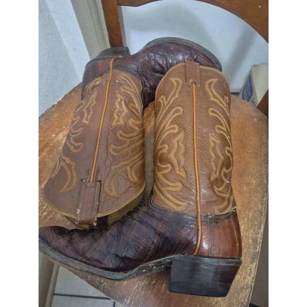 Vintage Tony Lama 8268 Men’s 13 Eel Skin Cowboy Boots Size 8.5D Black Label USA